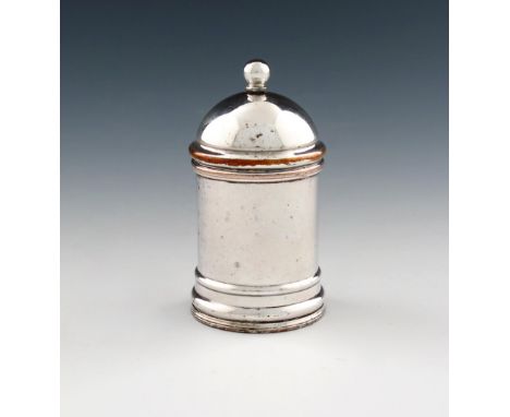 A George III old Sheffield plated spice caster, circa 1800, upright cylindrical form, the domed cover with a ball finial pull