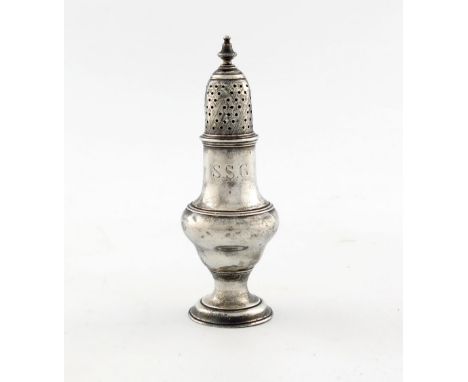A George III silver caster, by Thomas Daniell, London 1777, baluster form, pull-off cover with a knop finial, on a circular f
