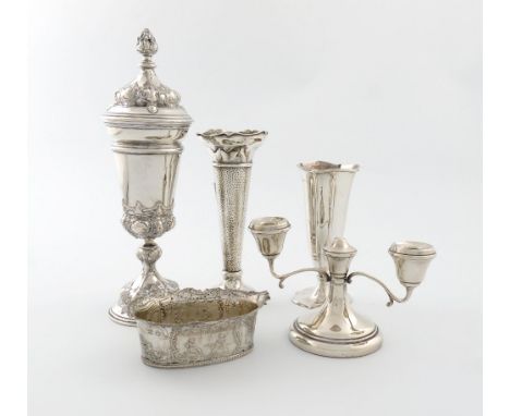 A mixed lot of silver items, comprising: a German cup and cover, with embossed foliate decoration, an oval German dish, two v