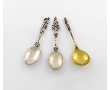 A small collection of continental silver spoons, comprising: two Dutch spoons, one 1890, with a pierced figural and windmill 