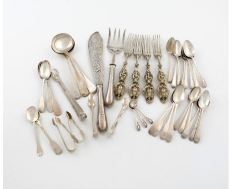 A mixed lot of silver flatware, various dates and makers, comprising: a pair fish servers, by Martin and Hall, Sheffield 1870