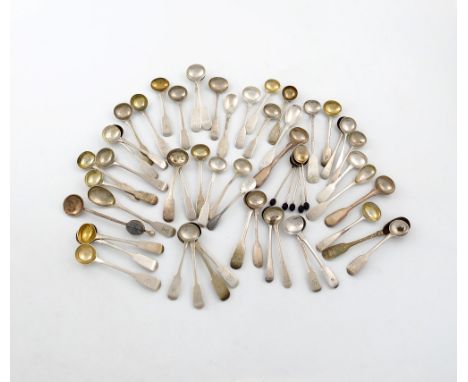 A large collection of silver condiment spoons, comprising two pairs of Fiddle pattern salt spoons, twenty-eight further Fiddl