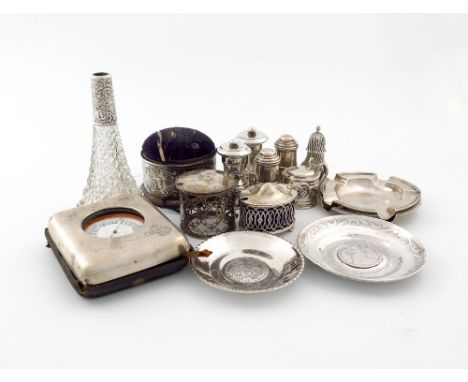 A mixed lot of silver items, various dates and makers, comprising: a late-Victorian silver-mounted barometer, by William Comy