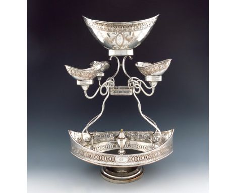 A George III old Sheffield plated epergne, probably by Morton and Co, circa 1785-90, with a central oval bowl with a pierced 