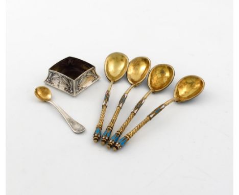 A set of four Russian silver-gilt and enamel spoons, maker's mark BK, circa 1895, the reverse of the bowls enamelled with a f