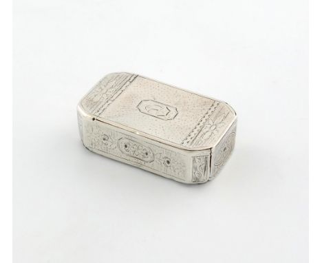 A George III silver snuff box, by Samuel Pemberton, Birmingham 1788, rectangular form, canted corners, flush hinged cover, en