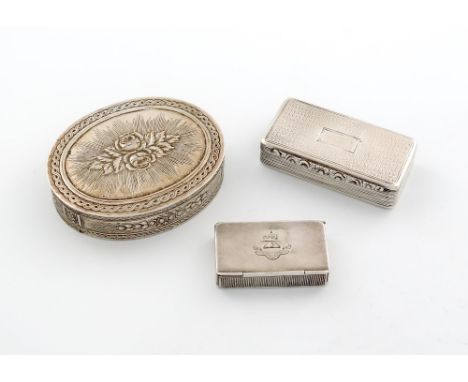 A small mixed lot of silver boxes, comprising a William IV snuff box, by Edward Smith, Birmingham 1835, rectangular form, eng