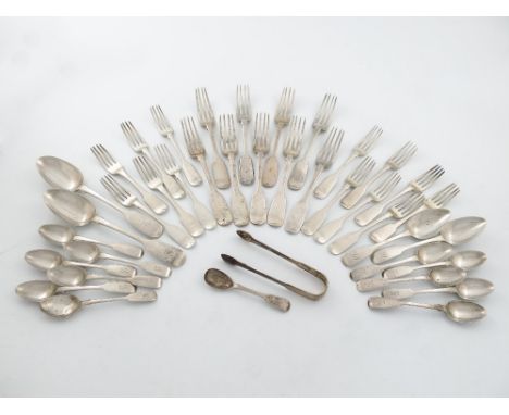 A mixed lot of silver Fiddle pattern flatware, comprising: nine table forks, two table spoons, ten dessert forks and ten teas