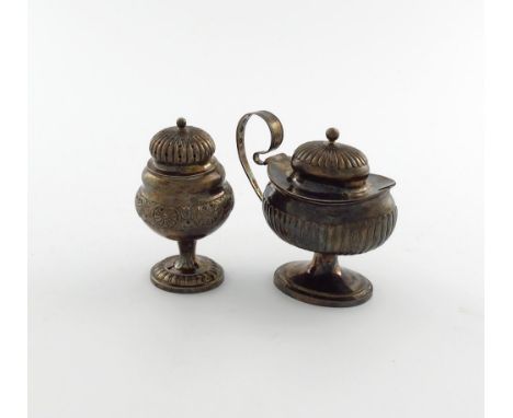 A 19th century Danish silver pedestal mustard pot, makers mark IL, Copenhagen 1827, oval form with reeded decoration, scroll 