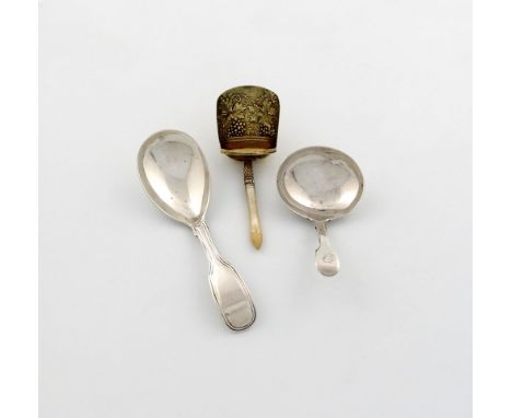 A William IV silver Fiddle and Thread pattern caddy spoon, by Mary Chawner, London 1837, plus a silver-gilt caddy spoon, by S