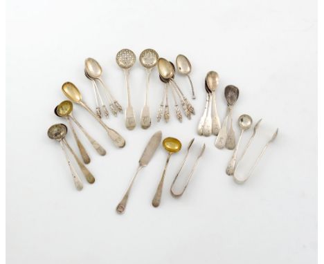 A mixed lot of silver flatware, various dates and makers, comprising: a set of five Irish mustard/egg spoons, two sifting lad