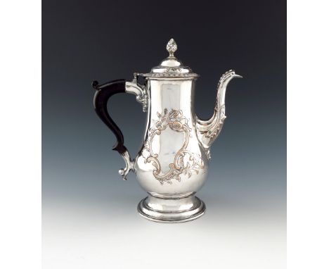 A George III old Sheffield plated coffee pot, by Richard Morton, circa 1765, baluster form, embossed foliate scroll cartouche