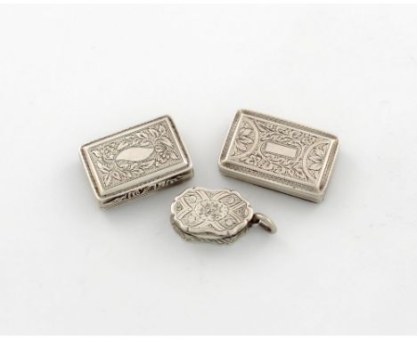 A small collection of three antique silver vinaigrettes, comprising: a George IV one, by Joseph Taylor, Birmingham 1826, rect