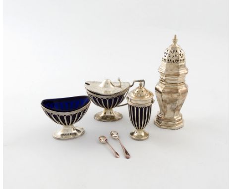 A mixed lot of silver items, comprising: a three-piece condiment set, by the Haseler Brothers, London 1910, oval form pierced