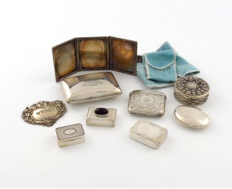 A mixed lot of silver and metal ware items, comprising: a Tiffany oval box, a three-section travelling photograph frame, with