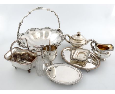 λ A mixed lot of old Sheffield plated items, comprising: a swing-handled basket, of circular form, foliate borders, an oval w