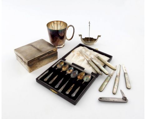 A mixed lot, comprising silver items: a cigarette box, a folding fruit fork, four folding fruit knives, with mother-of-pearl 