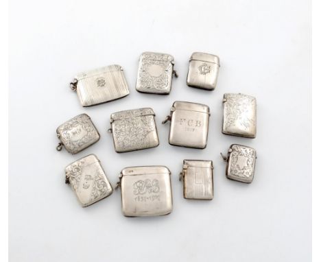 A mixed lot of silver vesta cases, various dates and makers, rectangular form, comprising: six with engraved foliate decorati