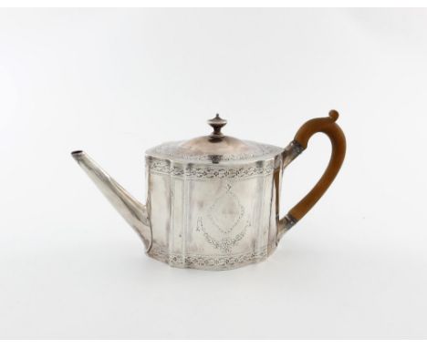 A George III silver teapot, by Frances Purton, London 1791, oval form, with engraved decoration, two vacant cartouches, urn f