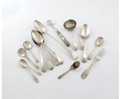 A mixed lot of silver flatware, various dates and makers, comprising: a George III Old English pattern basting spoon and pair