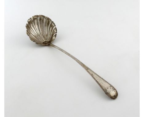 A George III Scottish silver Feather-edge pattern soup ladle, by Patrick Robertson, Edinburgh 1768, circular fluted bowl, pla