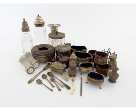 A mixed lot of silver items, various dates and makers, comprising: a mustard pot, of circular form, pierced foliate scroll de