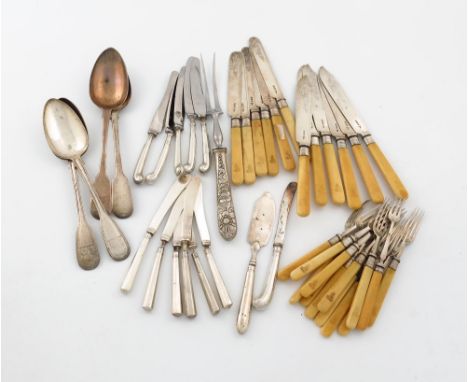 λ A mixed lot of silver flatware, various dates and makers, comprising: a pair of Fiddle and Thread pattern table spoons, a p