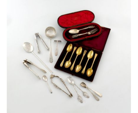 A mixed lot of silver flatware, various dates and makers, comprising: a George III Irish bright-cut sauce ladle, a cased matc