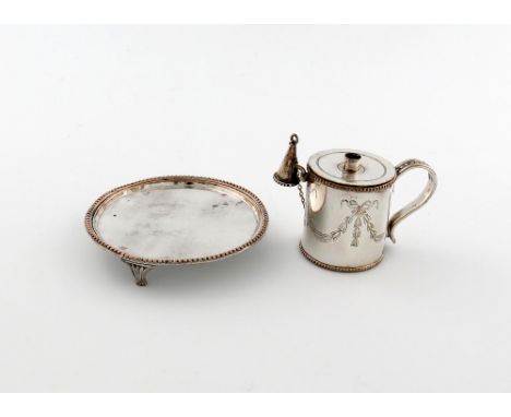 A George III old Sheffield plated bougie box, circa 1780, cylindrical form, beaded scroll handle, engraved foliate decoration