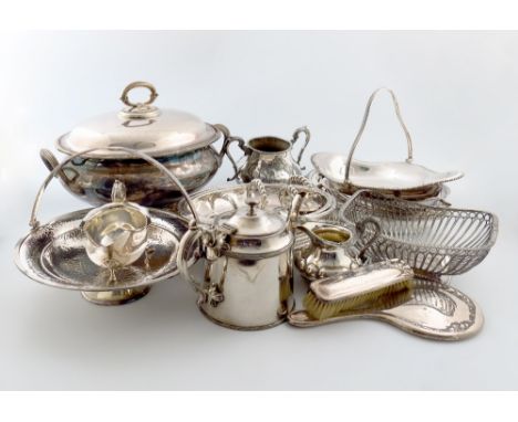 A mixed lot of electroplated items, comprising: a soup tureen and cover, beaded borders, a wire-work basket, two swing-handle