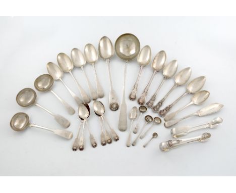 A mixed lot of silver flatware, various dates and makers, comprising: a set of three Chinese Export silver table spoons, by K