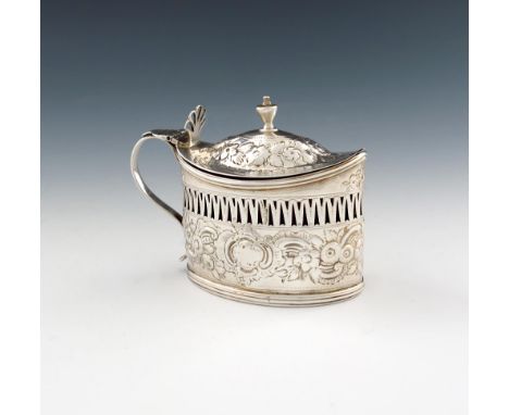 A George III silver mustard pot, by Francis Purton, London 1790, oval form, pierced border, later foliate scroll decoration, 