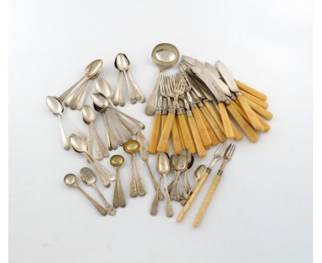 λ A mixed lot of silver flatware, various dates and makers, comprising: a set of twelve Edwardian fish forks and eleven fish 