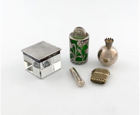 A mixed lot, comprising silver items: a silver-mounted glass inkwell, by Asprey and Co, Birmingham 1929, engine-turned decora