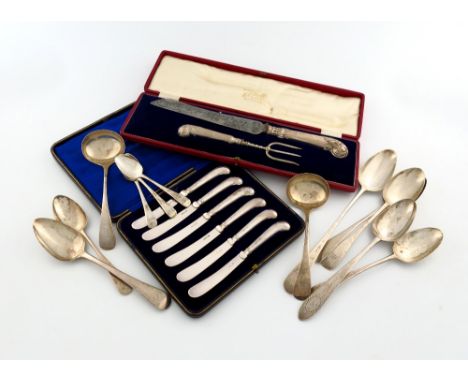 A mixed lot of silver flatware, various dates and makers, comprising a George III Irish bright-cut tablespoon, by John Pittar