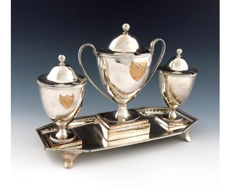 A George III old Sheffield plated condiment / preserve stand with three vases, circa 1790, the vases of circular and oval for