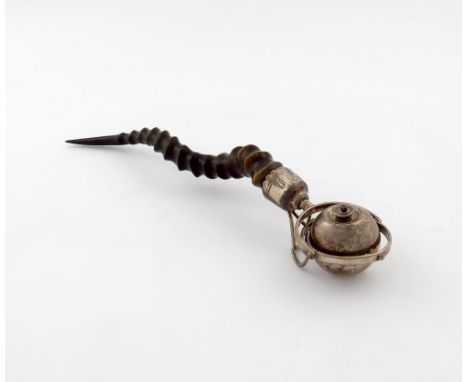 A late-Victorian silver cigar lighter, by Joseph Braham, London 1896, the ball shaped lighter on a revolving gimbal frame, wi