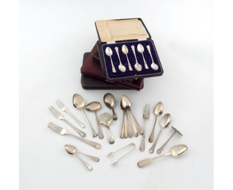 A mixed lot of silver flatware, various dates and makers, comprising: a George IV silver Fiddle and Shell pattern caddy spoon