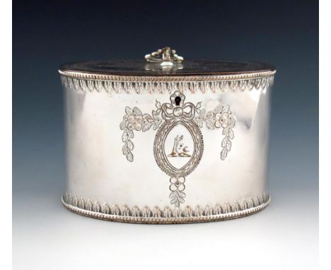 A George III old Sheffield plated double tea caddy, possibly by Fenton, Creswick and Co, circa 1775, oval form, with an upper