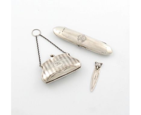 A mixed lot of silver items, various dates and makers, comprising: an Edwardian novelty fox mask page marker, Birmingham 1908