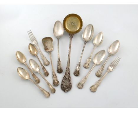 A mixed lot of French silver Kings pattern flatware, maker's mark of FD over N, Paris 1819-38, comprising: a pair of basting 