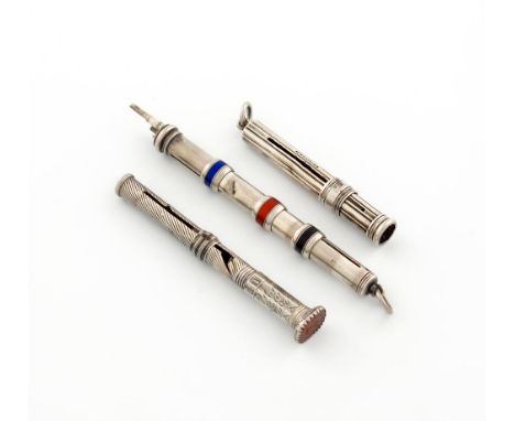 A silver three-colour pencil, by E.B, cylindrical form, with a black, red and blue pencil, plus a fluted pencil, by S. Mordan