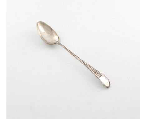A George III old Sheffield plated basting spoon, circa 1770, with feather-edging and foliate motifs, vacant oval cartouche, l
