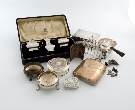 A mixed lot of silver items, various dates and makers, comprising: a cased three-piece condiment set, of square baluster form