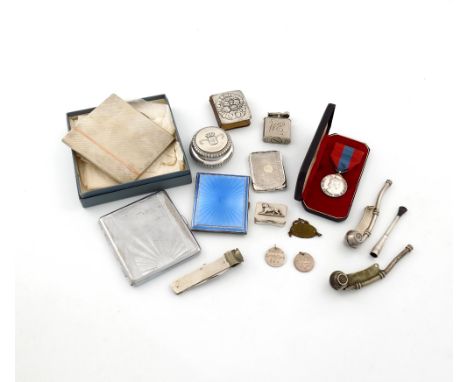 A mixed lot of silver items, various dates and makers, comprising: a cigarette case of rectangular form, engine-turned decora