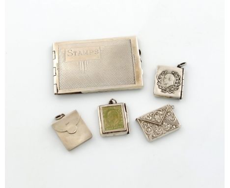 A mixed lot of silver stamp cases, comprising: an Edwardian case set with a stamp, by A. E. Jones Chester 1903, plus two othe