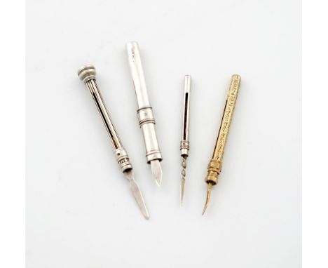 A small collection of four antique toothpicks, comprising: a 10 carat gold example, by S. Mordan, with engraved decoration, a