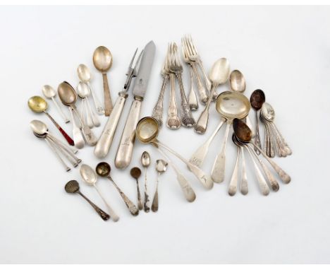 A mixed lot of silver flatware, various dates and makers, comprising: a pair of George III Scottish toddy ladles, Edinburgh 1