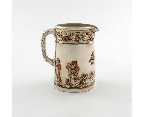 A 19th century ceramic jug, by Wedgwood, tapering circular form, scroll handle, overlaid with a silver on copper scene of cla