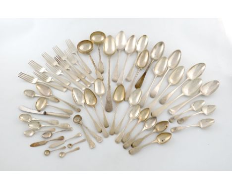 A mixed lot of silver flatware, various dates and makers, comprising: a pair of William IV salt spoons, the terminals with Th